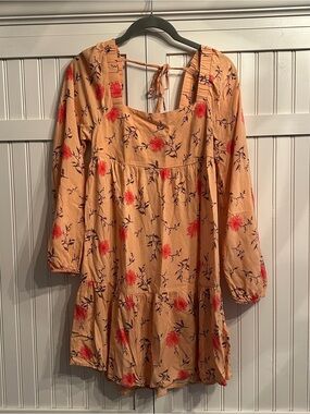 SO Peach Floral Peasant Babydoll Mini Dress with Coral & Navy Print Size XS